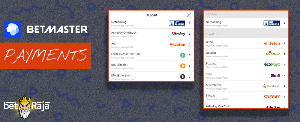 Payment methods on Betmaster.
