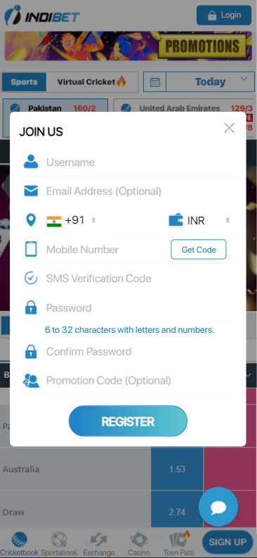 Indibet registration fields.