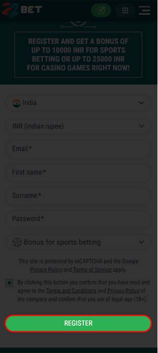 Click on the registration button in the end of the registration on the 22bet.