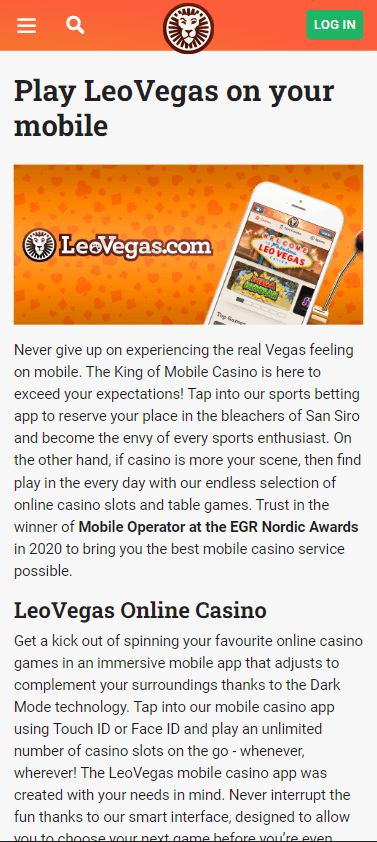 App download page on the LeoVegas.
