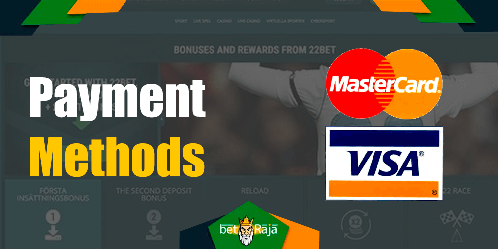 All existing payment methods such as visa, mastercard to replenish an account on the 22bet via mobile app.