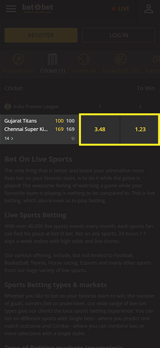 Select an outcome of the live cricket match on the betObet platform.
