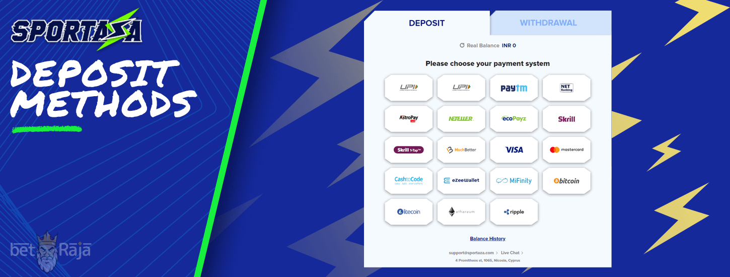 Deposit methods on the Sportaza betting and casino platform.