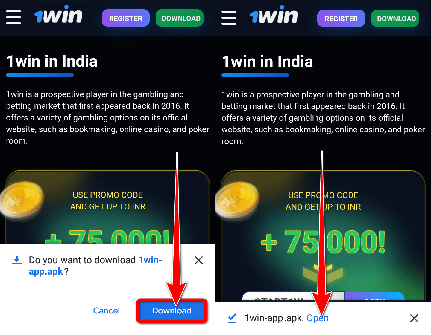 Download and install the 1win app