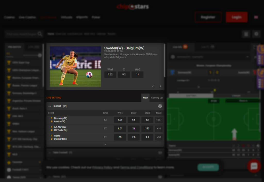 Chipstars bookmaker has a full line and a wide range of sporting events