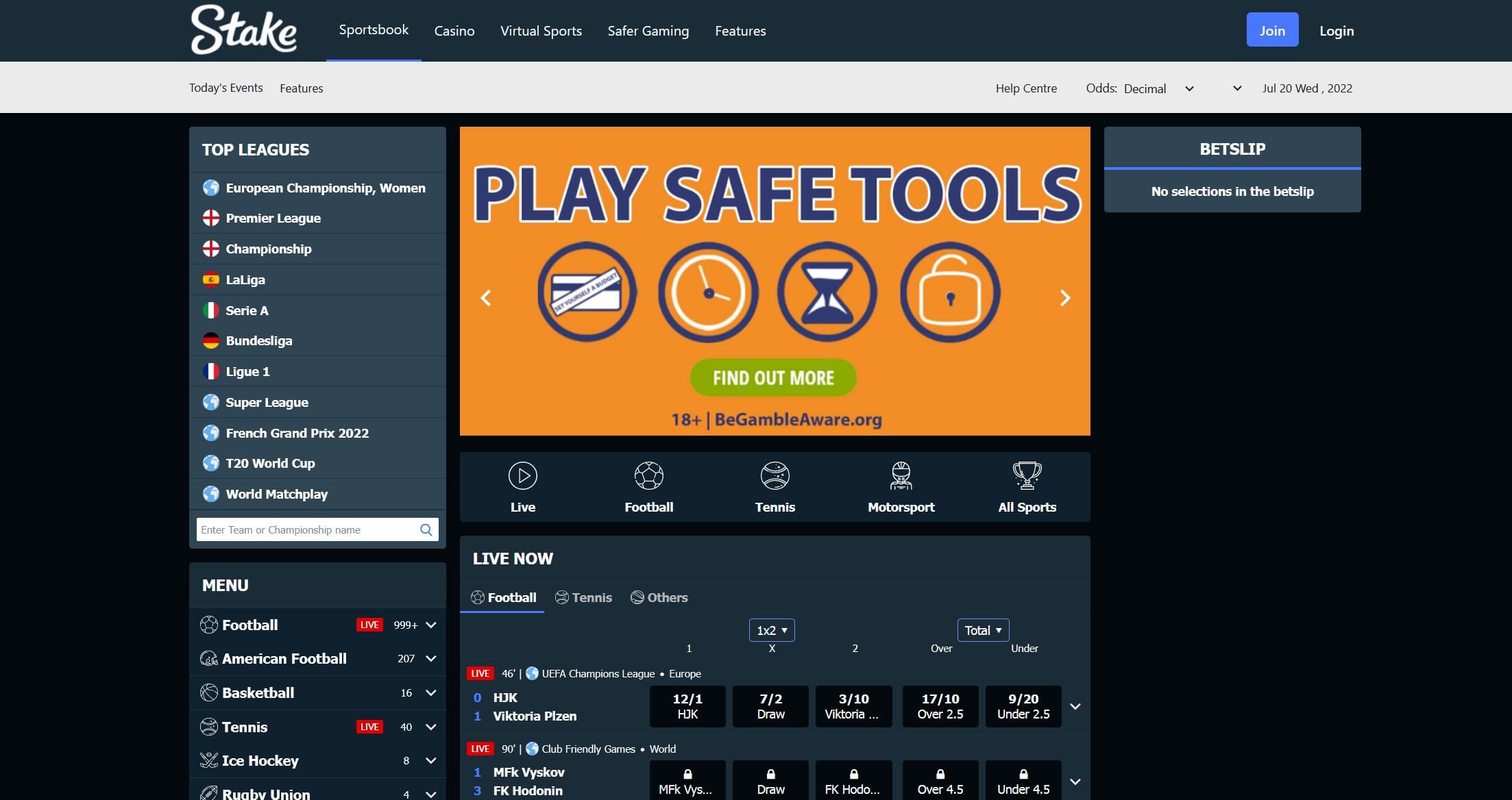Home page of gambling platform Stake