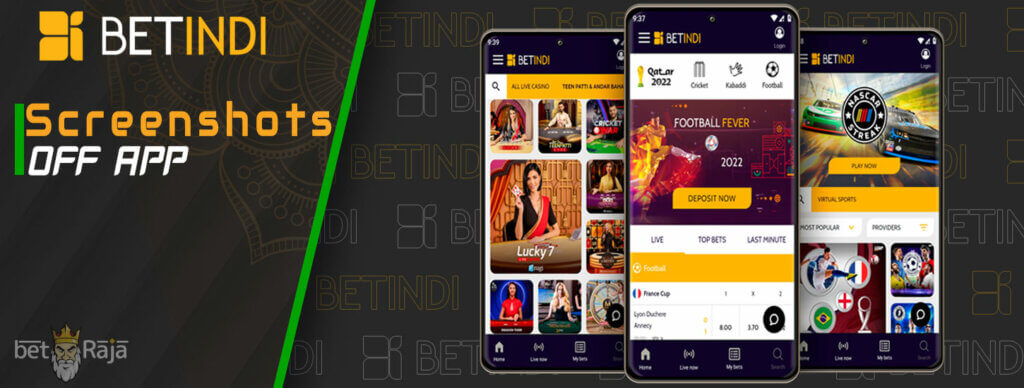 Screenshots from the Betindi mobile app.