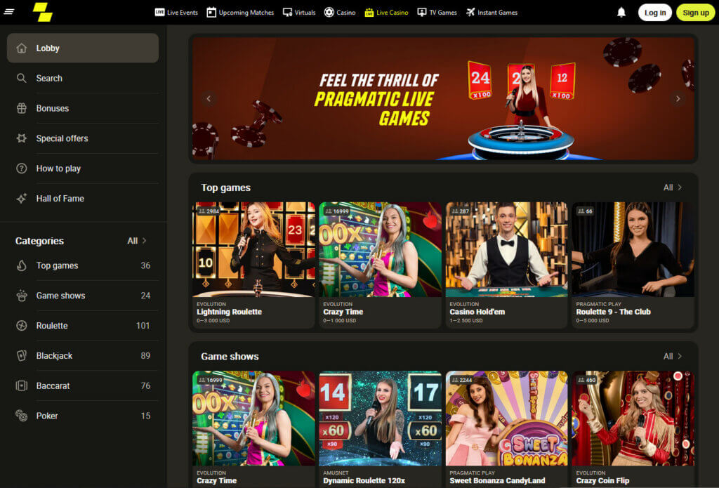 Screenshot of Parimatch site with available casino games