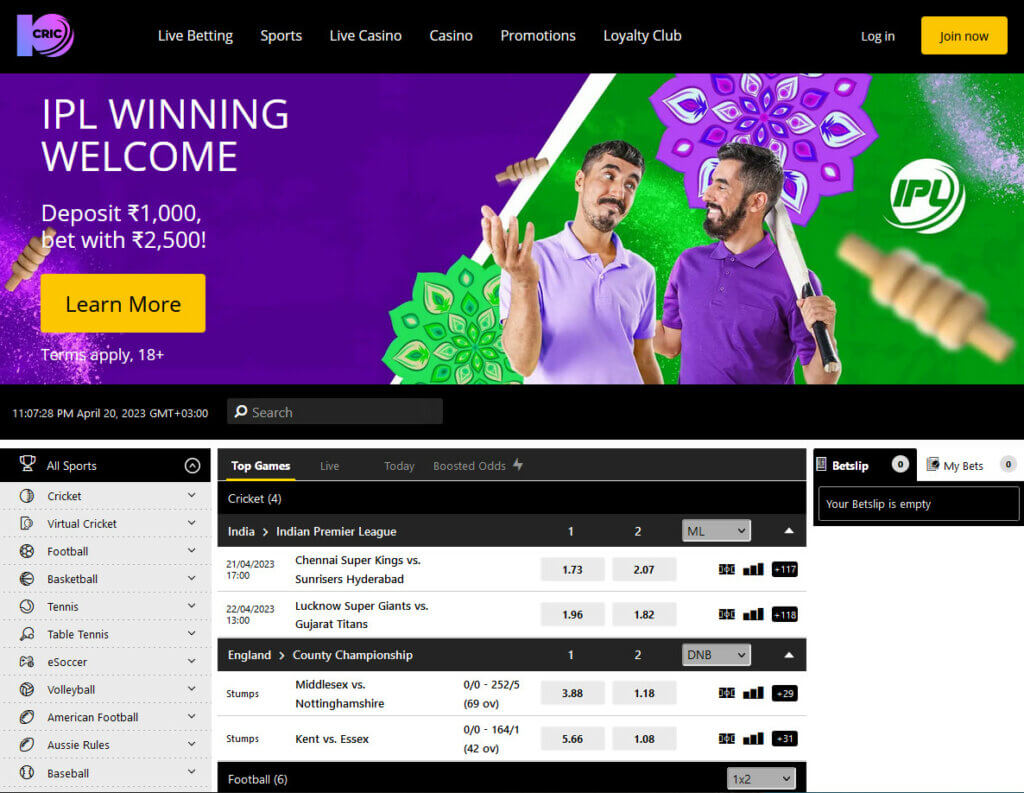 10cric Sports Betting section in India