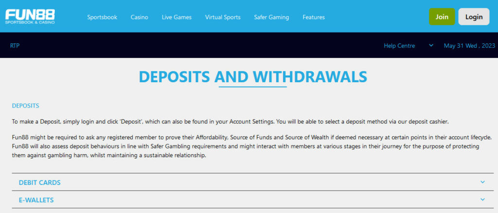 Fun88 deposit and withdraw