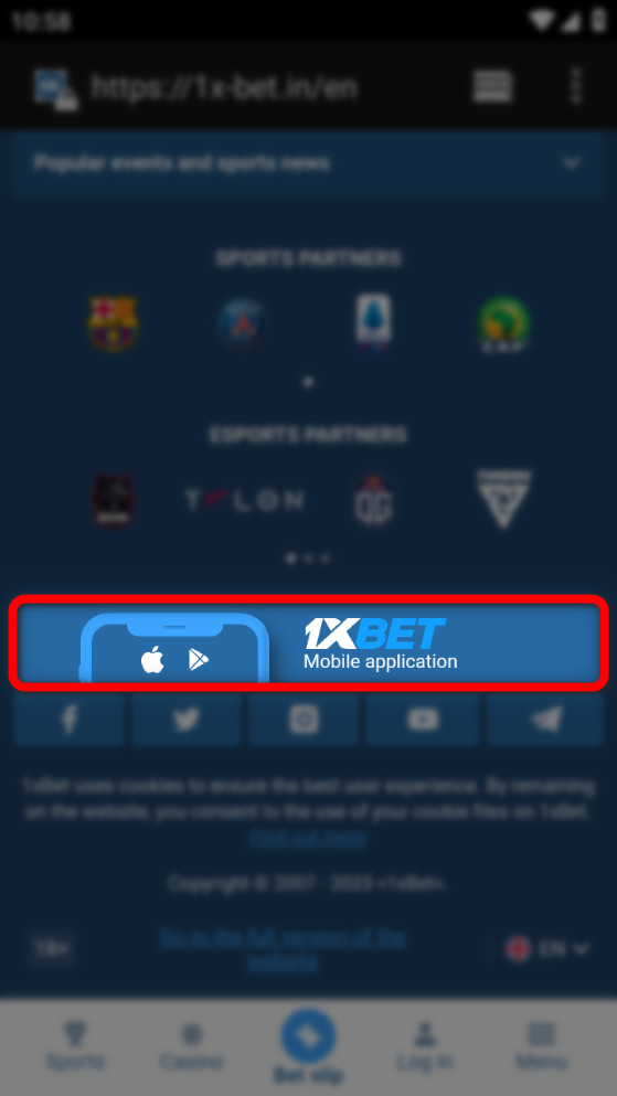 1xBet mobile app download button