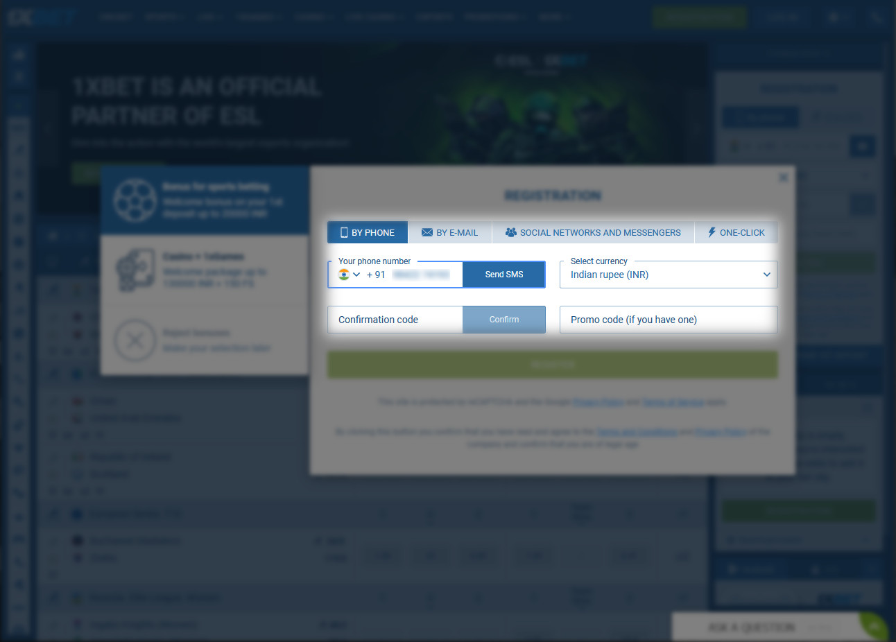 Filling in personal information on the 1xbet website