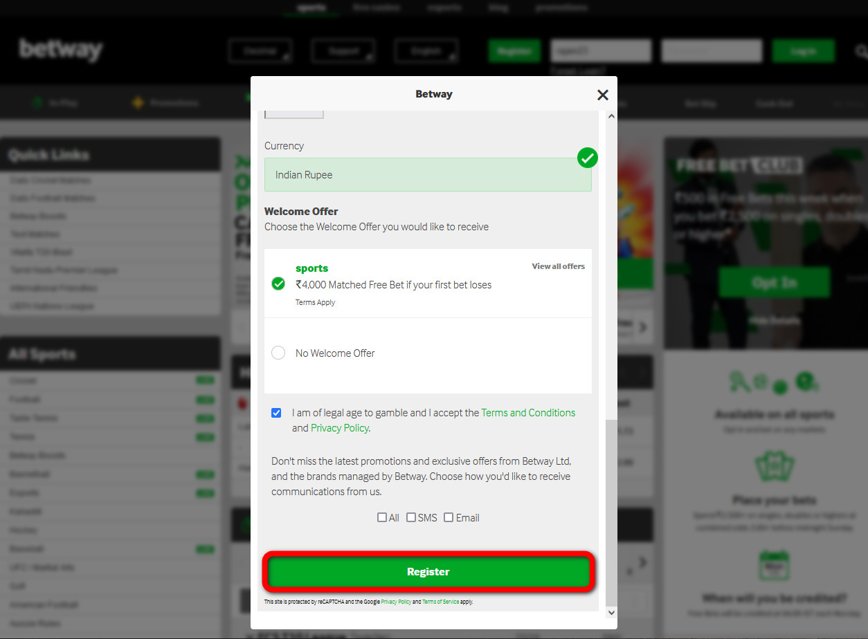 Submitting a registration form on the official Betway website