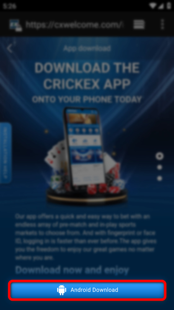 App download button on the official Crickex website