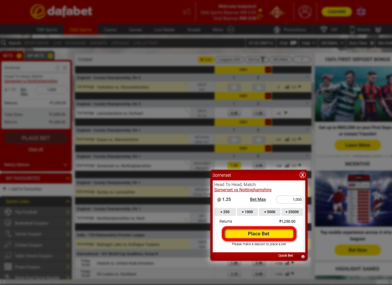 Place Bet button for sports betting