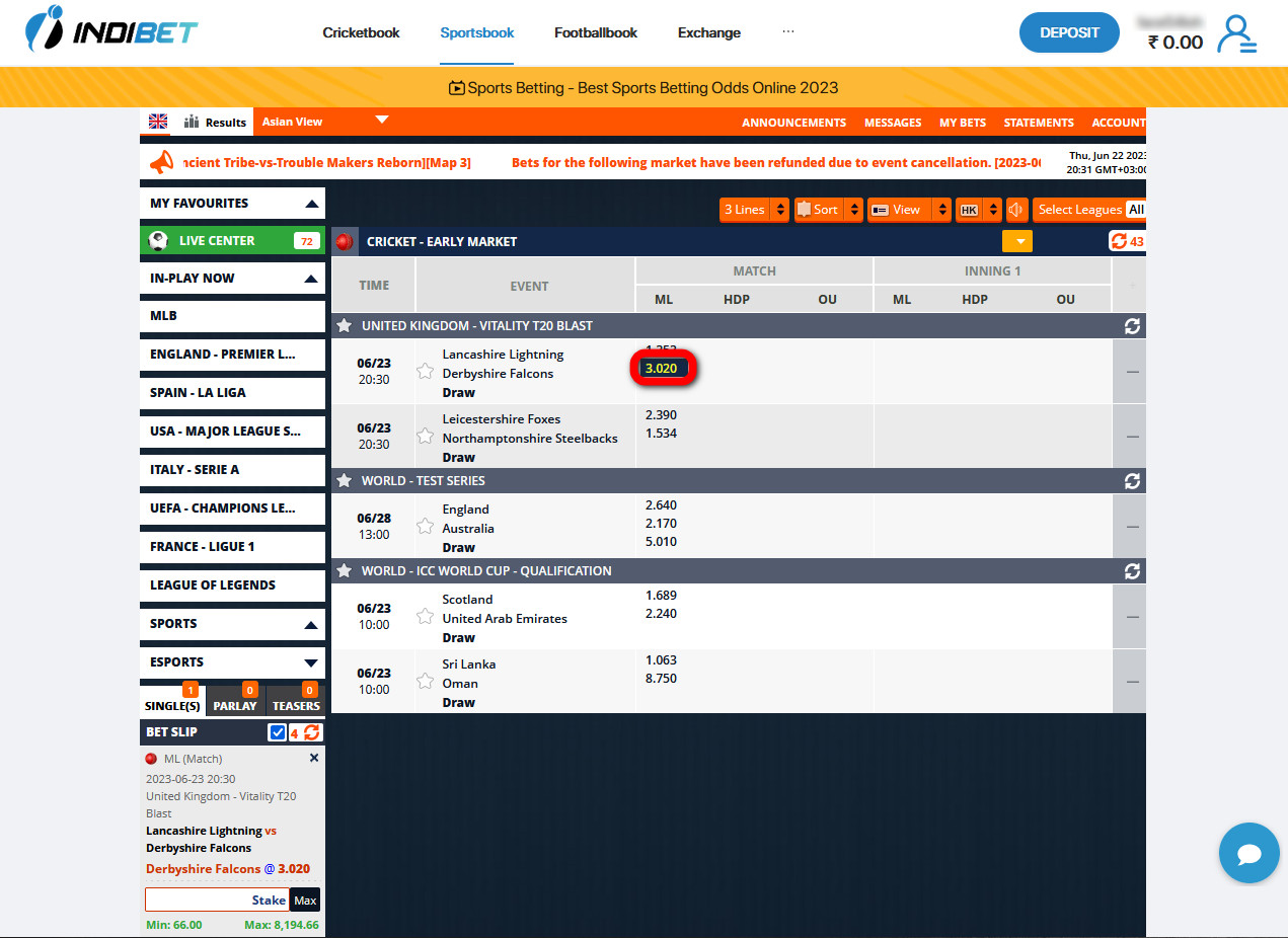 Example of high odds on the Indibet website