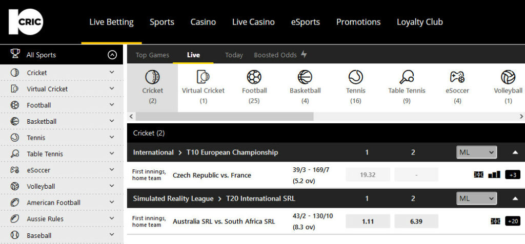 Live Betting section on the bookmaker 10cric website.