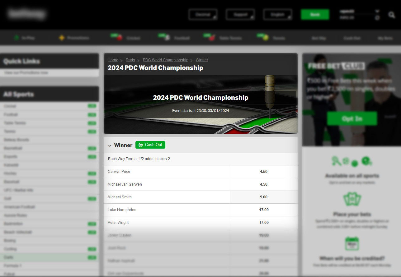 To bet on darts, you need to select a tournament, match, type and type of bet.