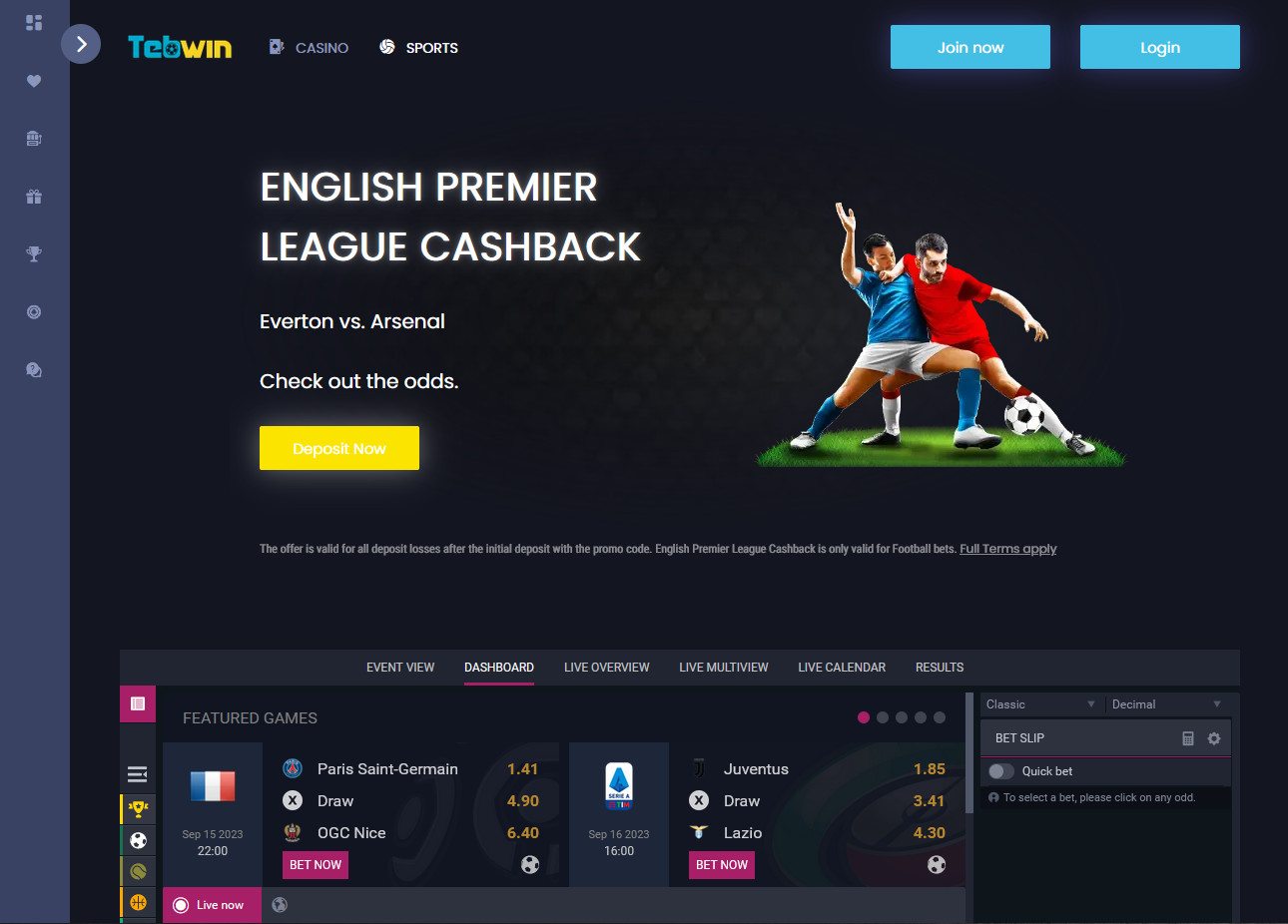 Tebwin bookmaker home page.