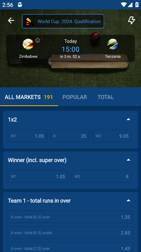 Section "Sports betting" in the mobile application of the bookmaker Mostbet.