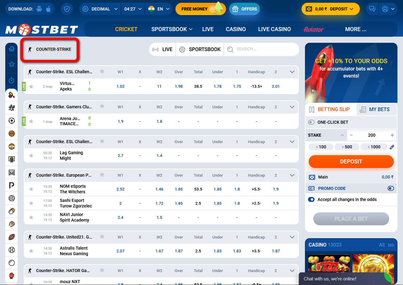In the “Esports” section on the Mostbet bookmaker website, select the desired discipline.
