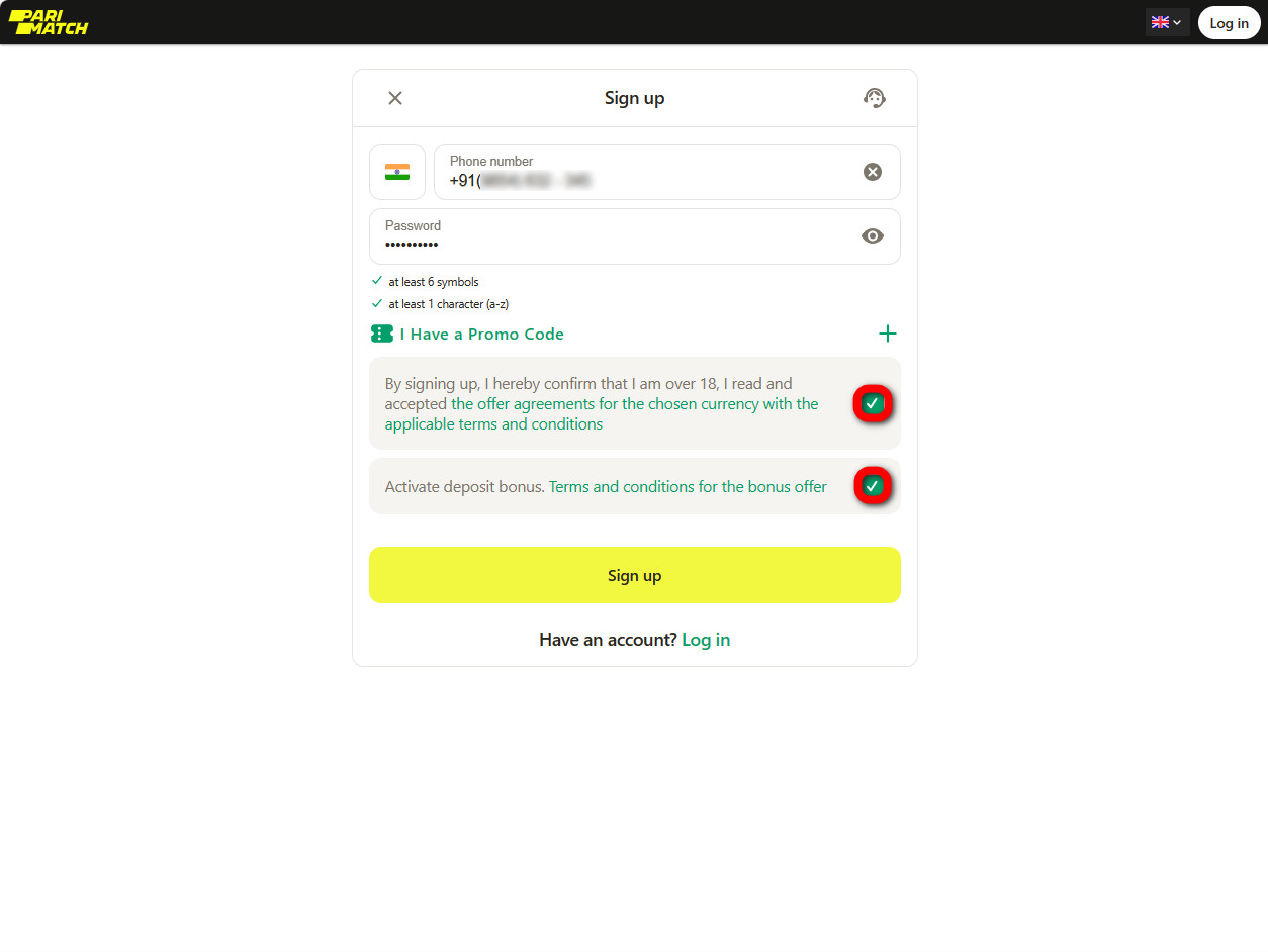 To register on the Parimatch website, check the boxes that you have read the terms and conditions and are over 18 years old.