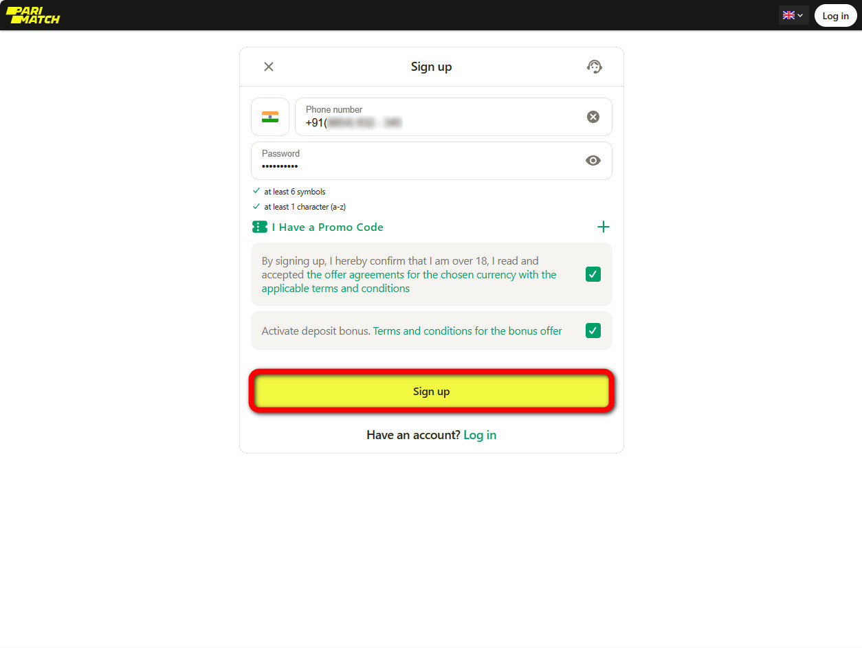 During registration on the Parimatch website, check the accuracy of the data and click the yellow “Sign Up” button.