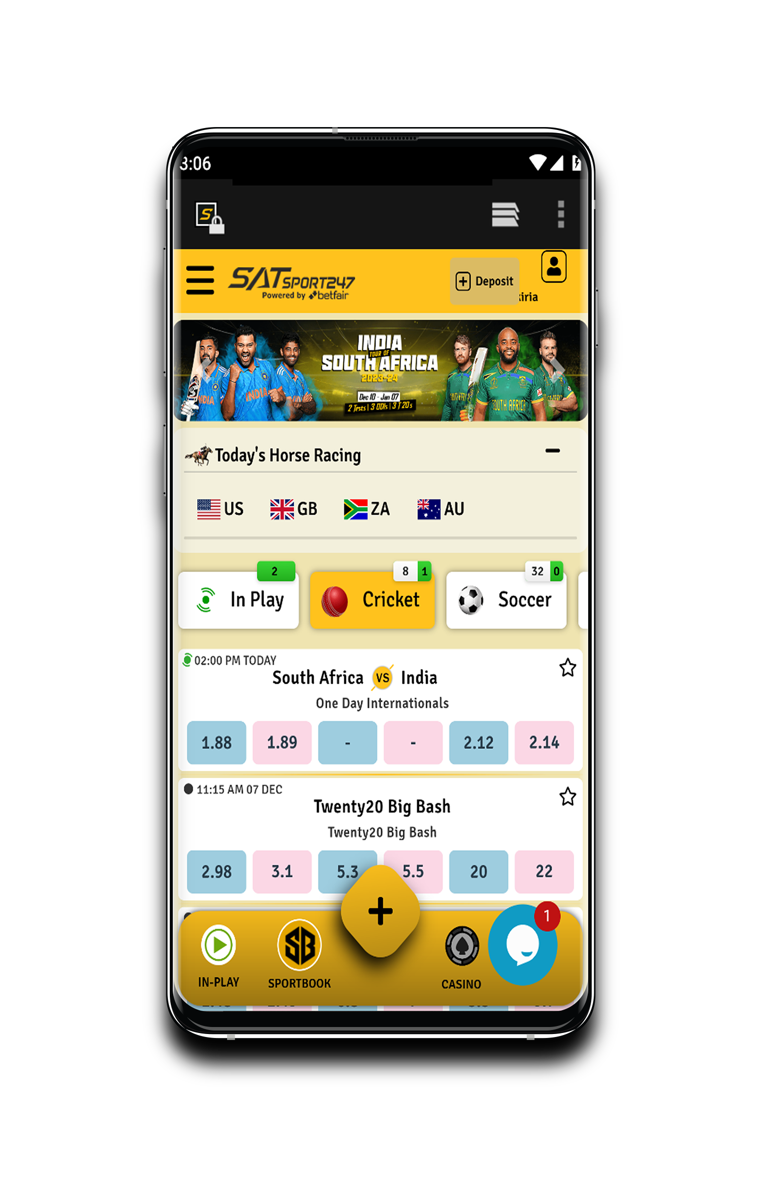 Screen of the mobile version of Satsport247