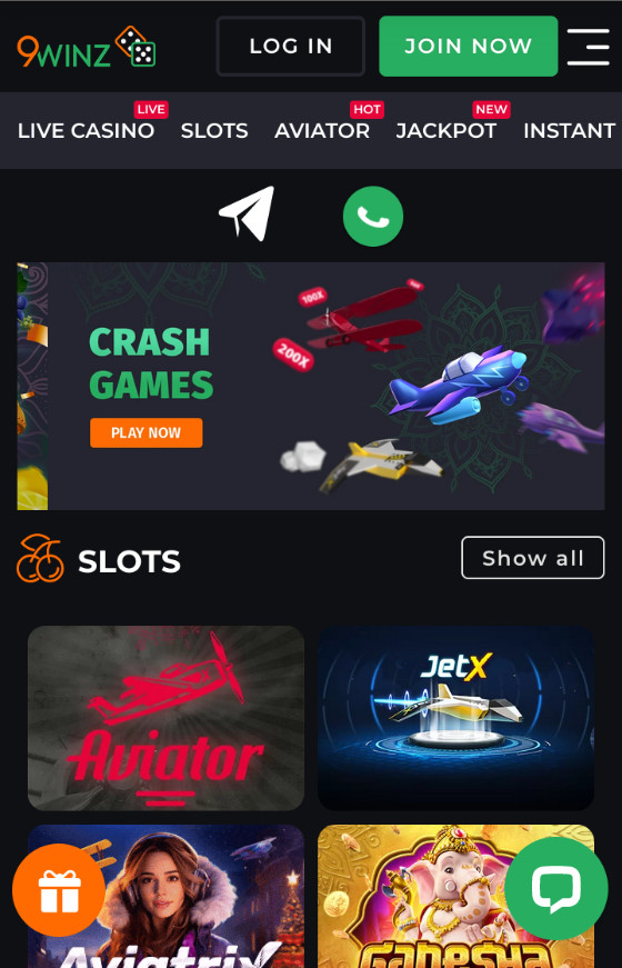 Home page of the 9Winz casino application