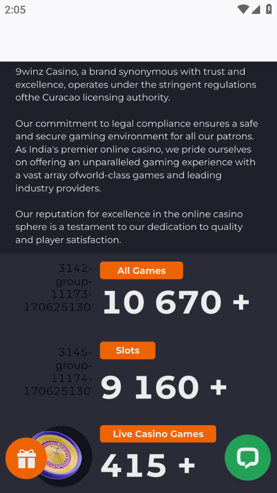 Information about 9Winz casino in the application.