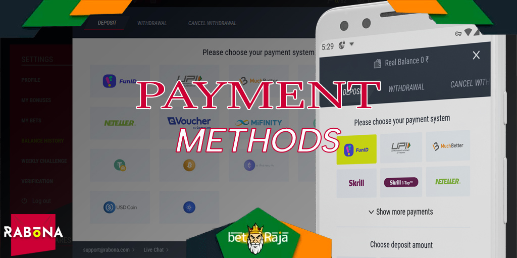 Payment methods via the Rabona mobile app